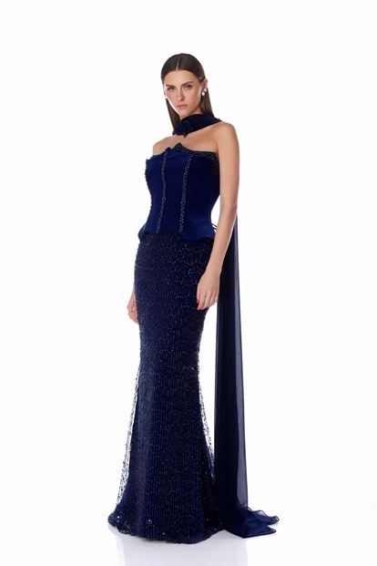 Dunkelblaues Satin Bustier Top Pailletten Meerjungfrau Abend Set